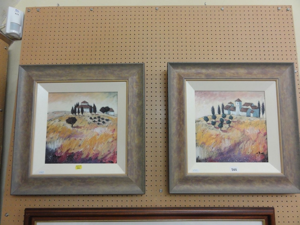 A pair of contemporary acrylic and mixed media paintings on board of Tuscan style landscapes with