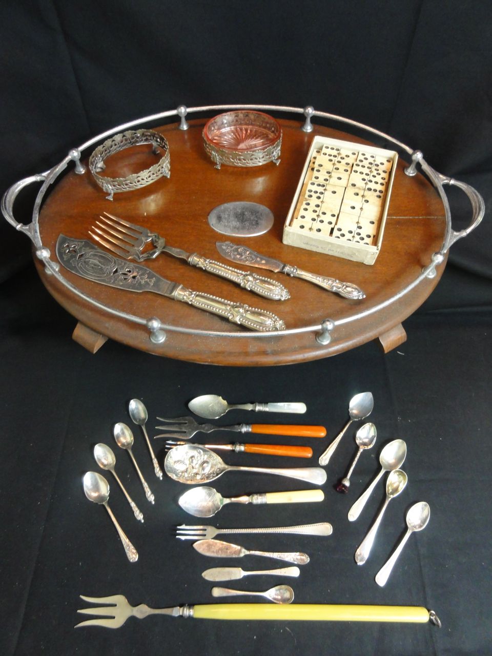 A large oval oak tray with plated gallery, a cased toasting fork, a set of bone dominos, a selection