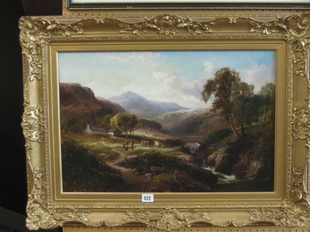 A 19th century oil painting on canvas of a mountainous landscape with whitewashed cottage,