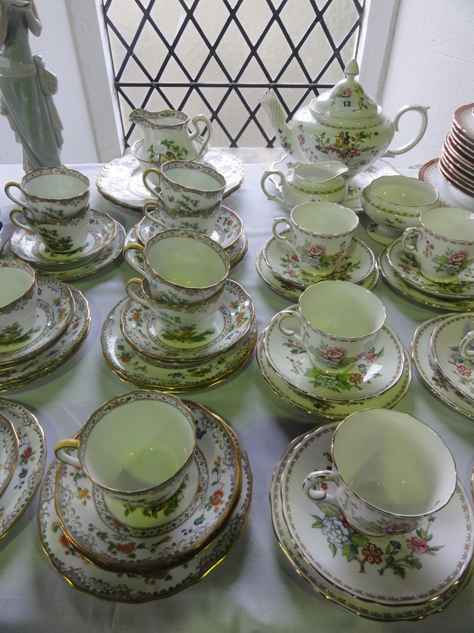 A quantity of Crown Staffordshire "Pagoda" pattern tea wares including teapot, bread plate, sugar