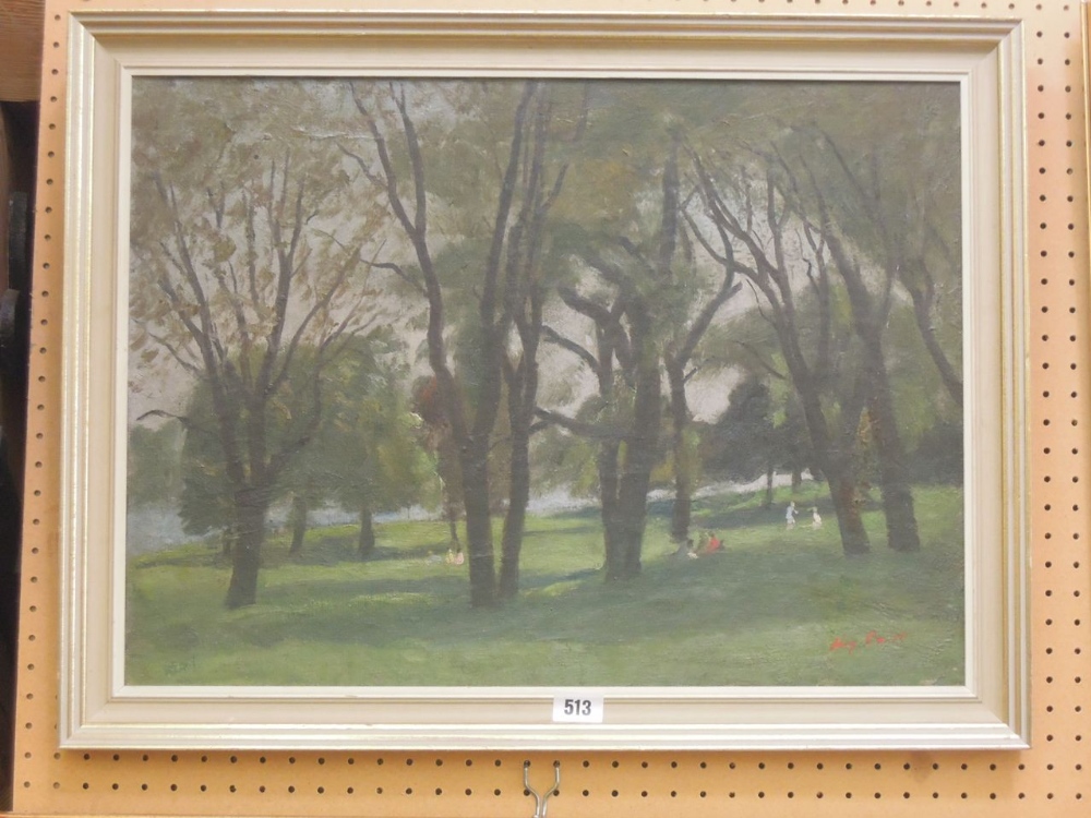 An oil painting on board of a park scene with figures, signed bottom right Kay Carr?, 40 x 55cm in