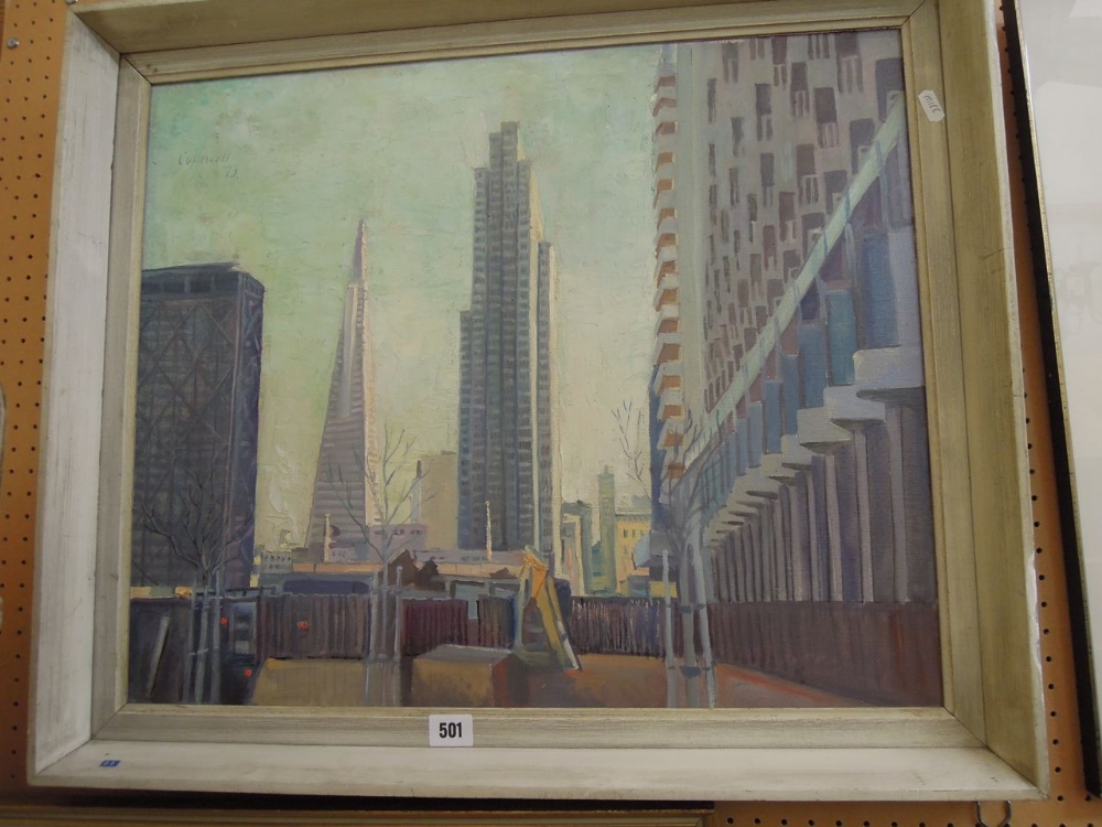 An oil painting on canvas of a cityscape with futuristic skyscrapers, attributed to Edward