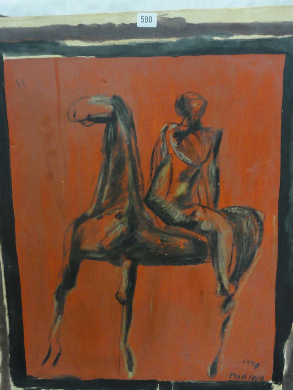 A mid 20th century oil painting on canvas of a stylised horse and rider, signed bottom right