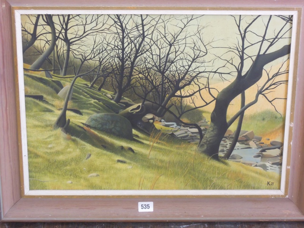 A study, possibly in acrylic on board, of a stylised landscape with stream and trees, signed