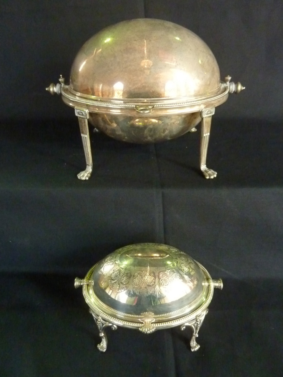 A 19th century EPNS revolving breakfast warmer and butter dish with beaded borders and paw feet