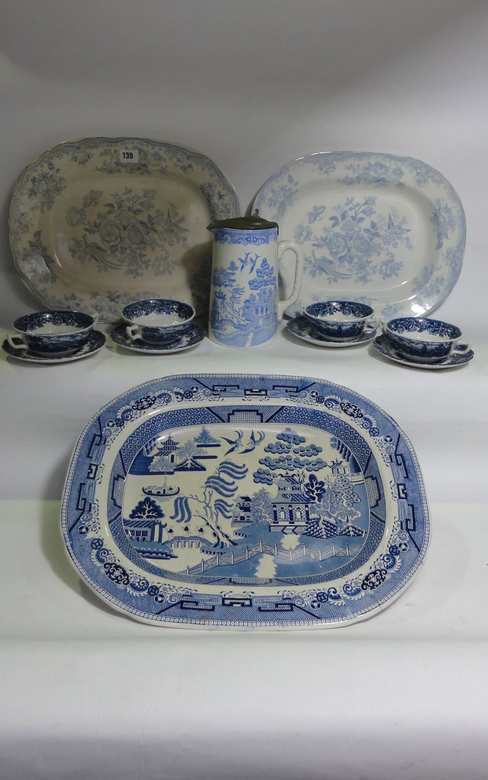 A selection of 19th century and later blue and white including two Asiatic pheasant meat plates,