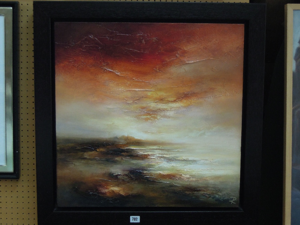 An oil painting on canvas by Chris & Steve Rocks showing an abstract landscape, signed with