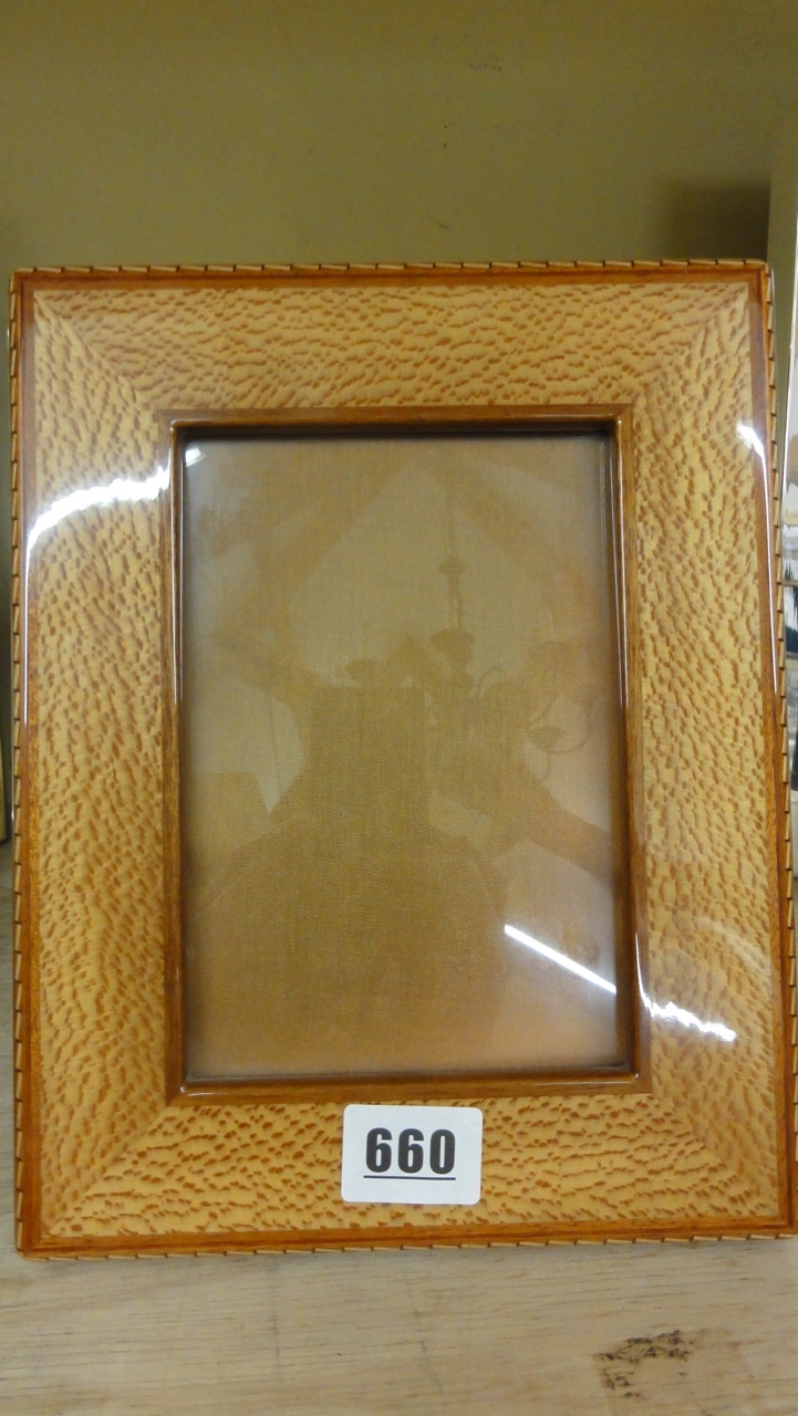 An Hermes photograph frame with inlaid specimen wood style finish, 24 x 19cm approx overall