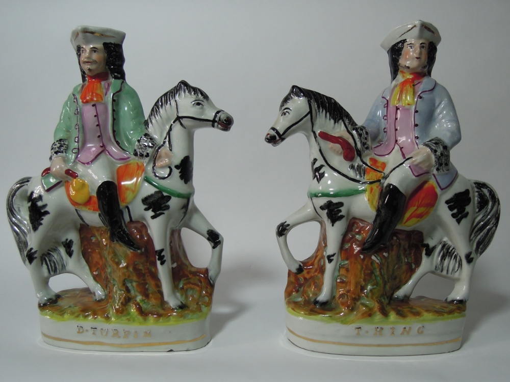 A modern pair of Staffordshire style figures of horse riders titled D Turpin & T King