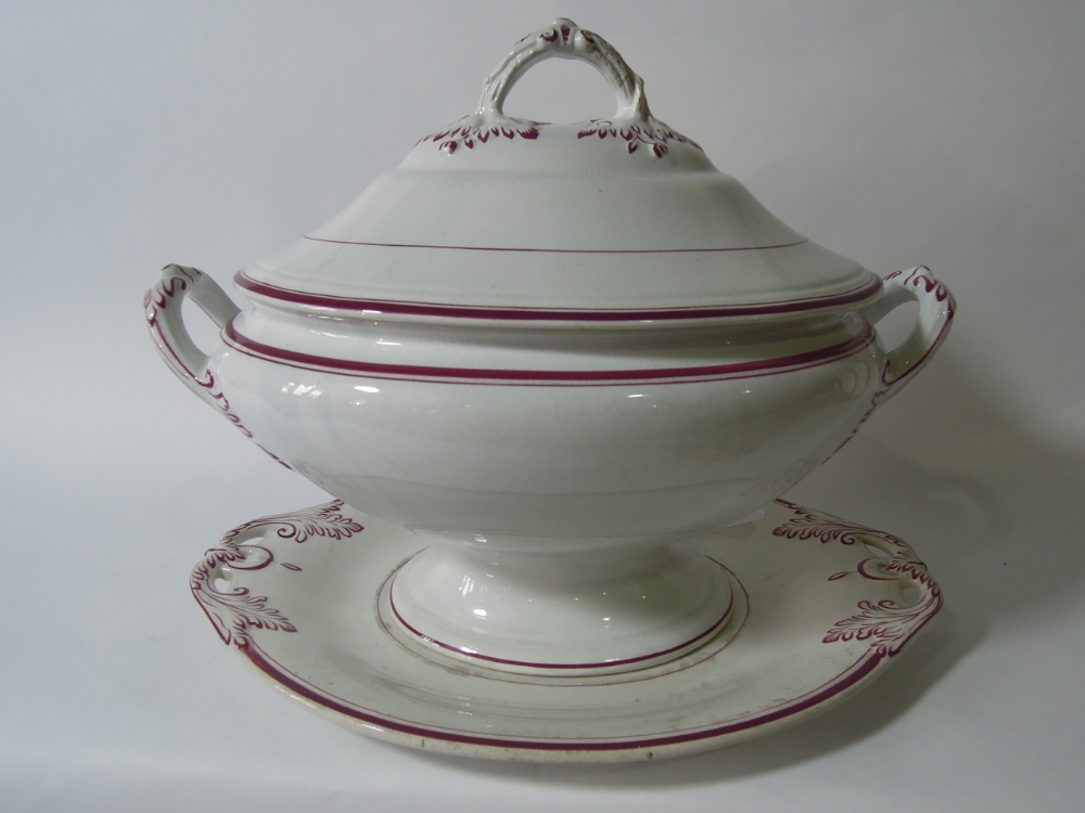 A Georgian style Bisto white lidded tureen and stand with leaf capped handles decorated with
