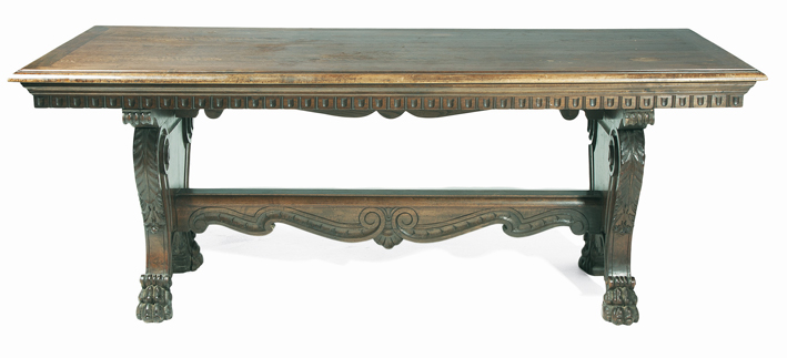 A FRENCH OAK DINING TABLE the rectangular four plank top within a conforming moulded frame above a