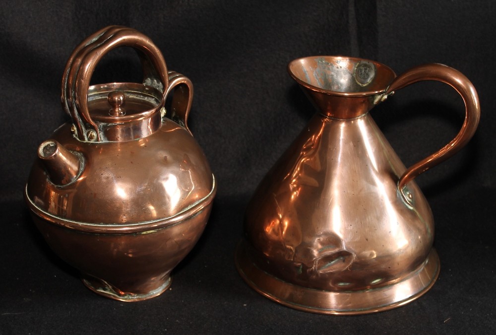 Victorian copper half gallon harvest measure and a copper spirit kettle, `The Kabyle`.