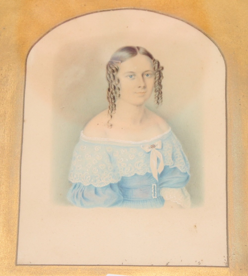 19th century watercolour highlighted portrait of a female, three Raymond Watson prints, set of