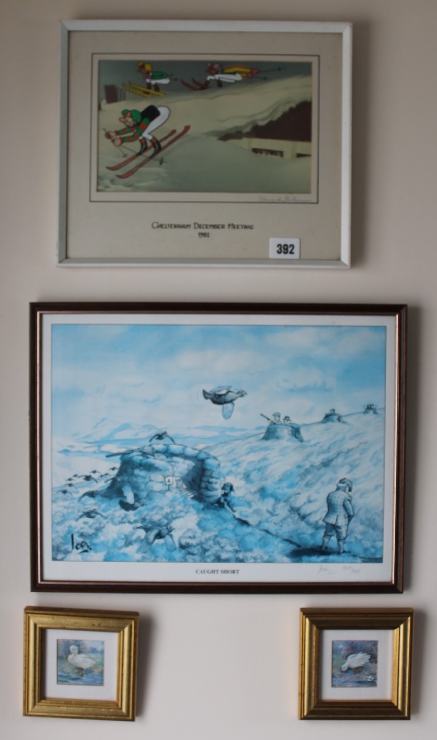BERNARD PARKIN Painted photograph of skiers, pencil signed; and three other prints.  (4)