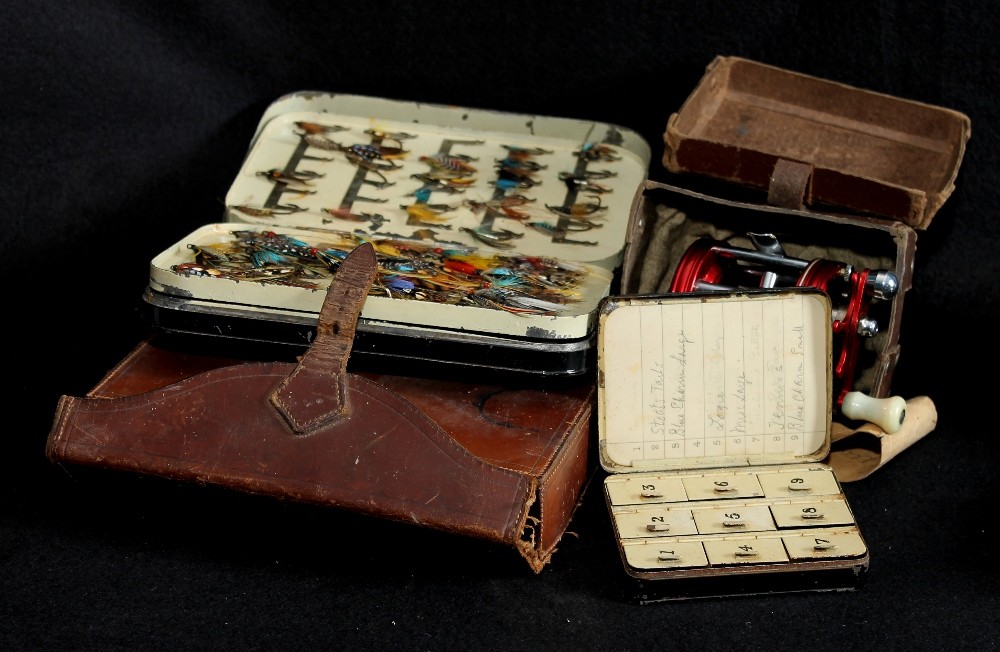 Malloch`s painted aluminium fly tin and contents, flies in leather carrying case, Hardy Brothers