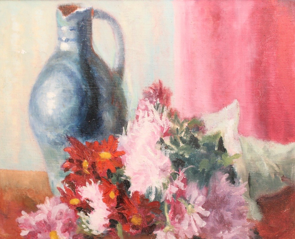 KATHLEEN E. WILLIAMS Flowers with flagon, still life 41cm x 52cm.