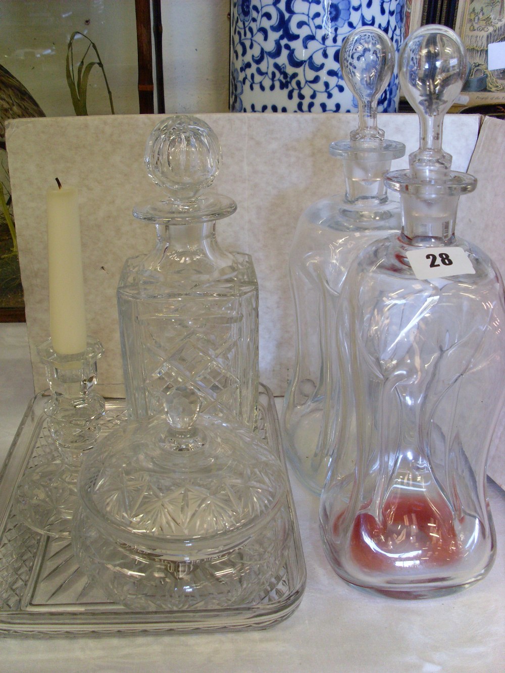Pair of decanters, another decanter, cut glass tray etc.