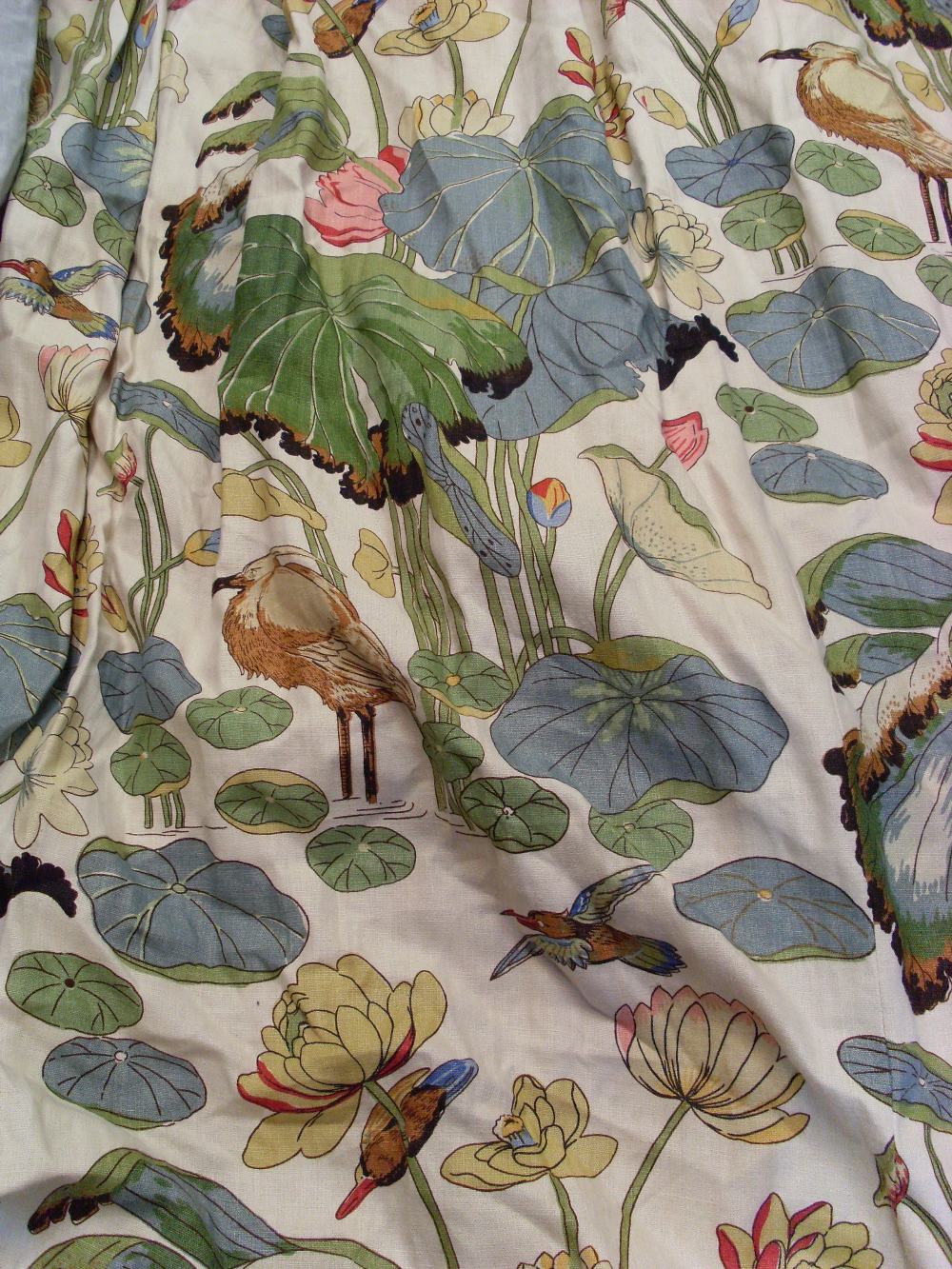 Pair of water lily and flamingo printed linen union curtains, pelmets and tie-backs, 120in wide x