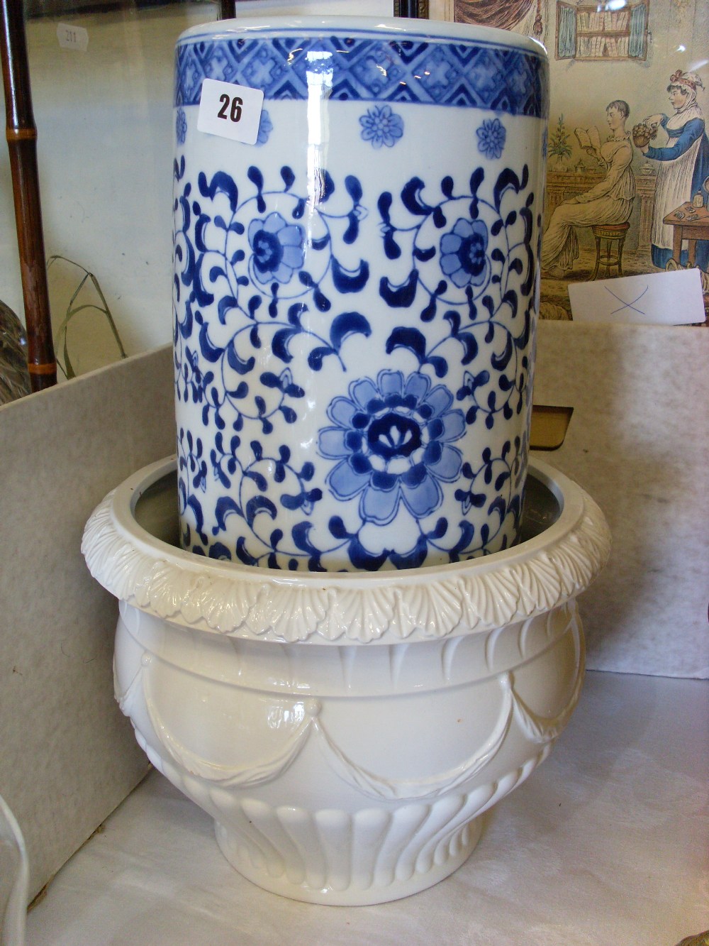 Chinese blue and white cylinder vase and a jardiniere.