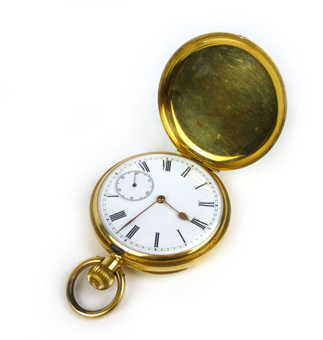 An 18ct yellow gold full hunter pocket watch, the white enamel dial with black Roman numerals and