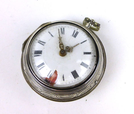 A silver pair cased pocket watch by J Miller, London with fusee movement and verge escapement, the