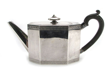 A George III-style Irish silver teapot, the canted rectangular body with key pattern borders, Thomas