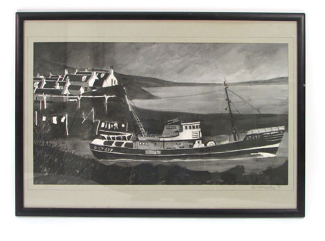 Iain Mitchell
A study of a trawler,
signed and dated 75 to mount
pen, ink and colour wash,
43 x 80