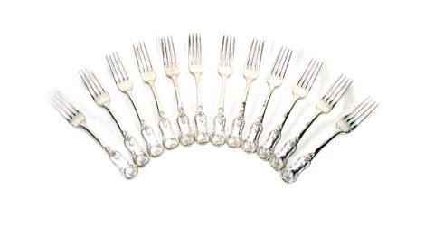 A set of twelve George III silver table forks with King's pattern handles, Robert Gray & Son,