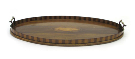 A mahogany Edwardian oval two handled tray with shell inlaid decoration, w. 57 cm CONDITION