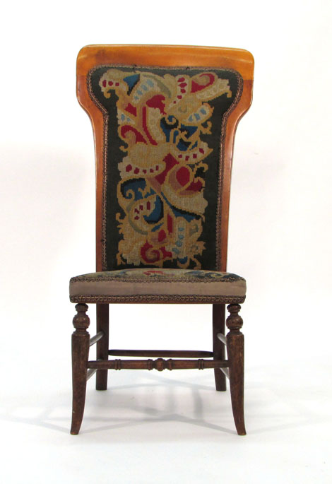 A late Victorian beechwood framed prie dieu with original wool work cover on turned legs CONDITION