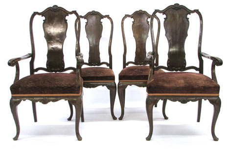 A set of eight early 18th century-style mahogany framed dining chairs on cabriole legs CONDITION