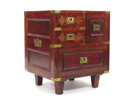 An Anglo Chinese padoukwood and brass campaign chest on square tapered supports, w. 51 cm