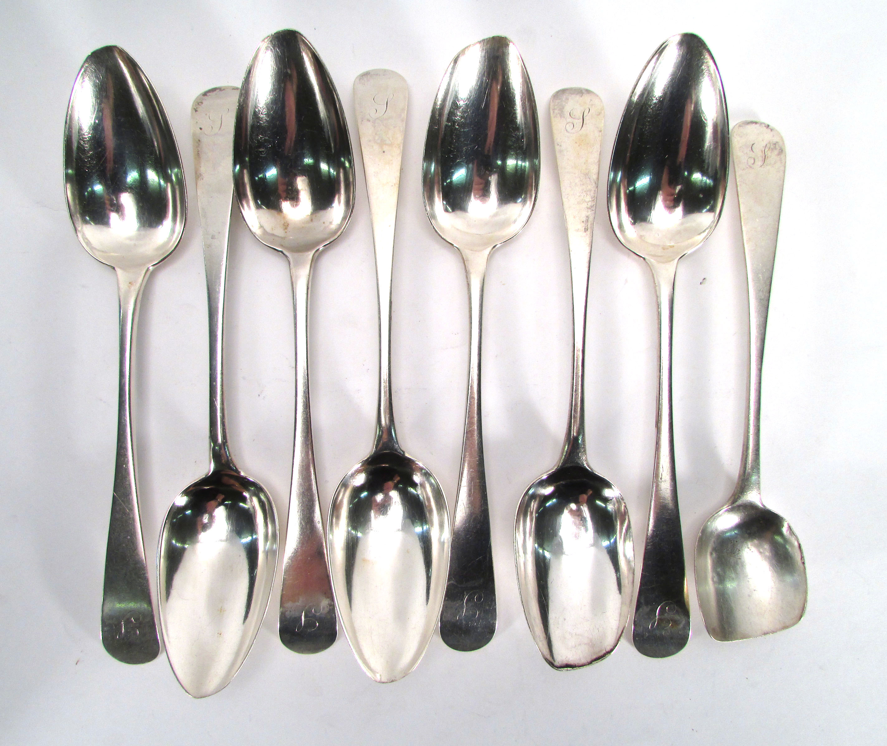 A set of seven George III Scottish silver tablespoons with fiddle pattern handles, John Zeigler,