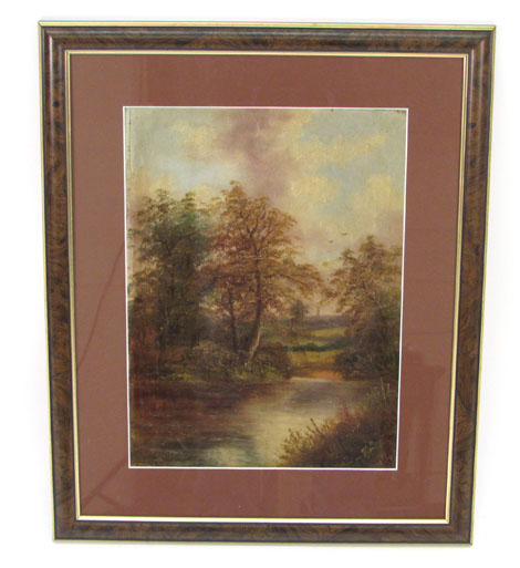 English School, 19th century,
A river landscape,
indistinctly signed,
oil on canvas,
38.5 x 28 cm