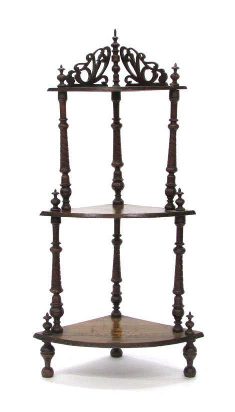A Victorian walnut, strung and inlaid corner whatnot of tapering form, d. 55 cm CONDITION REPORT: