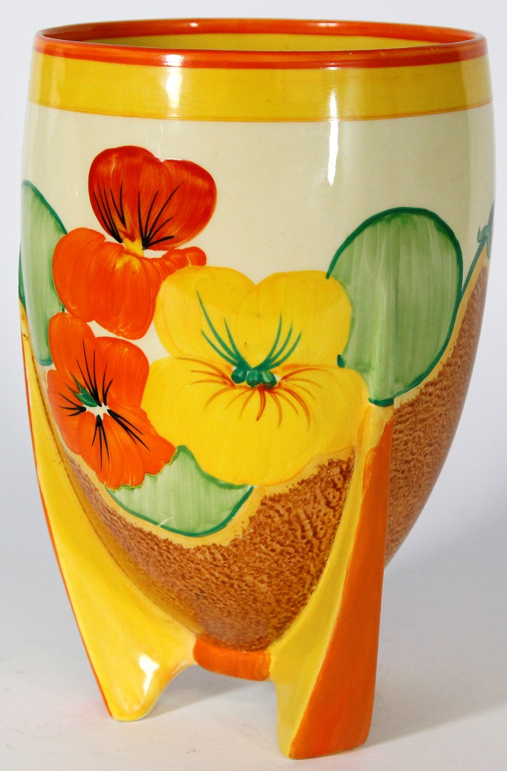 A Clarice Cliff Bizarre vase, shape number 452, decorated in Nasturtium pattern, printed factory