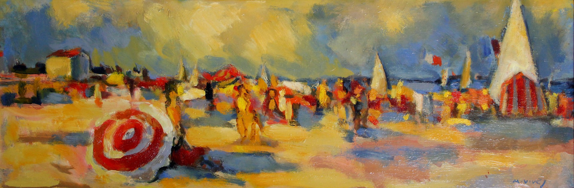 Martin Vives (1905-1991) - 'Canet-Plage' (depicting a busy summer beach scene), oil on board,