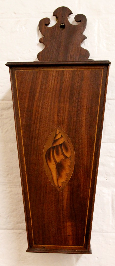 A 19th century inlaid mahogany candle box, the front with shell inlaid cartouche within strung