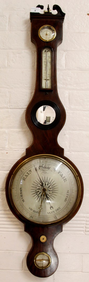 A 19th century L Caminada of Manchester banjo barometer/thermometer with silvered scale and dial and