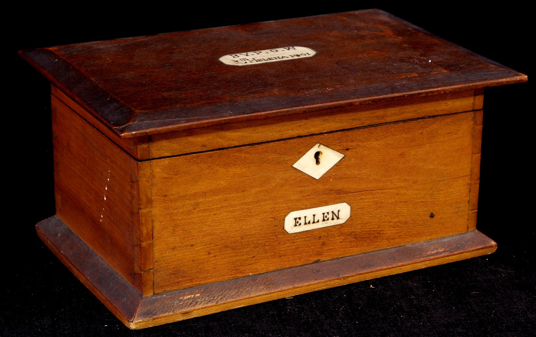 An early 20th century rectangular stained wooden box, with inset bone panels marked 'St Helena