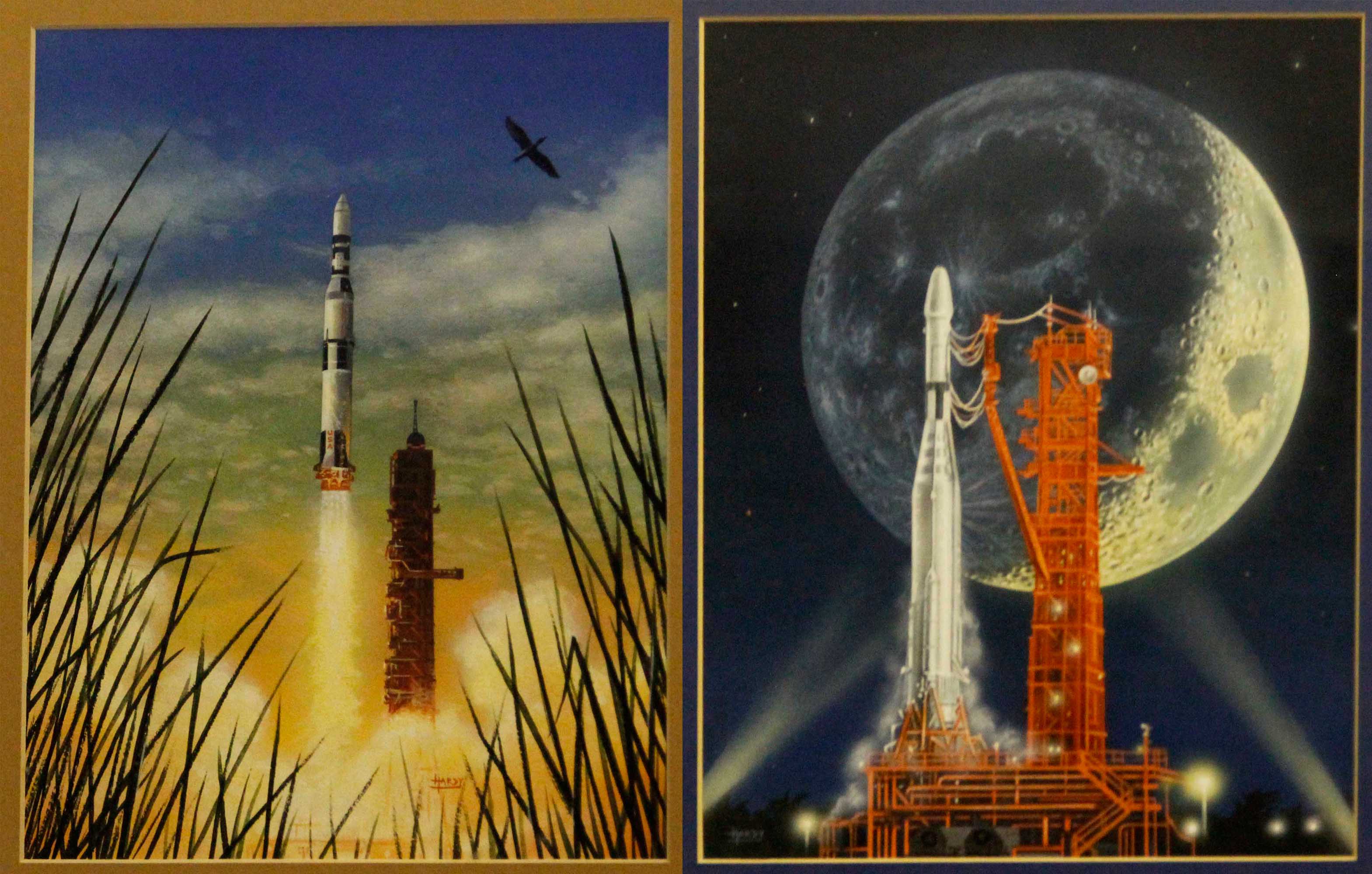 David A Hardy - two acrylic/gouaches entitled verso 'Ranger Moon Launch' with Jays Fine Art