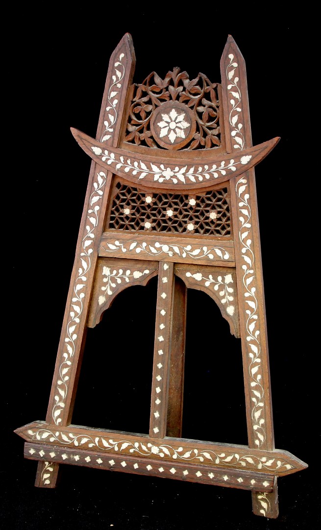 A Persian bone inlaid hardwood table top easel stand, height 46cm, width 30cm