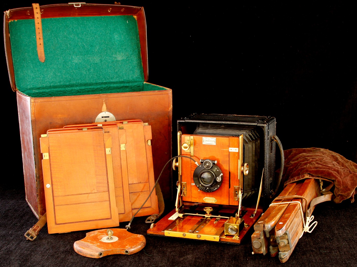 A 19th century The Sanderson regular model folding bellows camera, with mahogany body and black