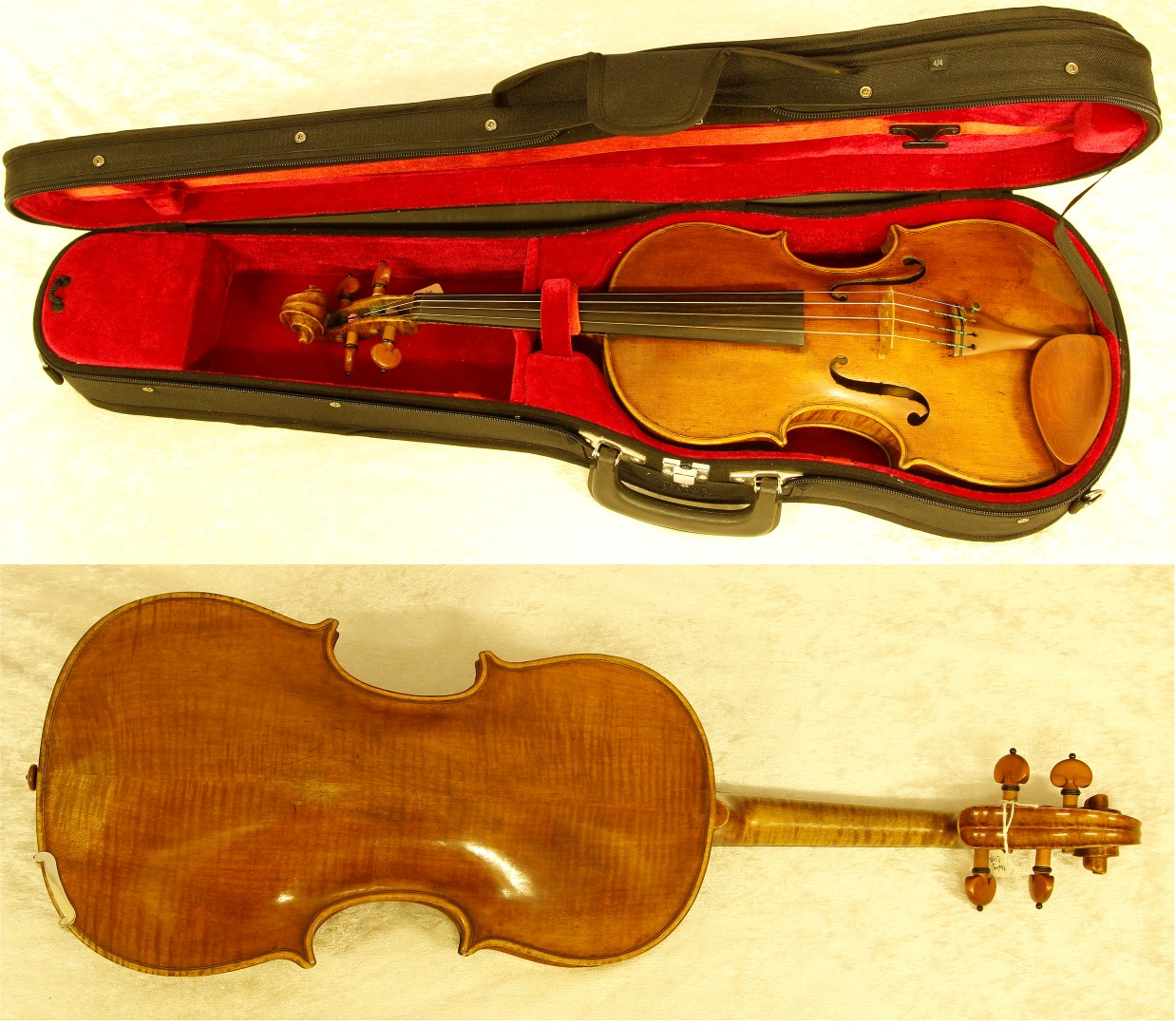 An early to mid 19th century German Mittenwald violin with two piece back, length 35.5cm, cased (