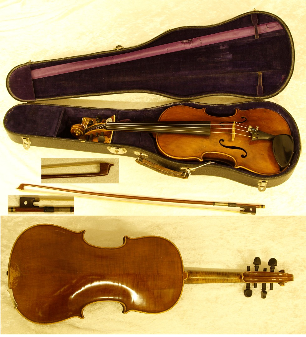 A 19th century Stradivarius copy Violin with two piece back, length 35.1cm, cased with unmarked bow