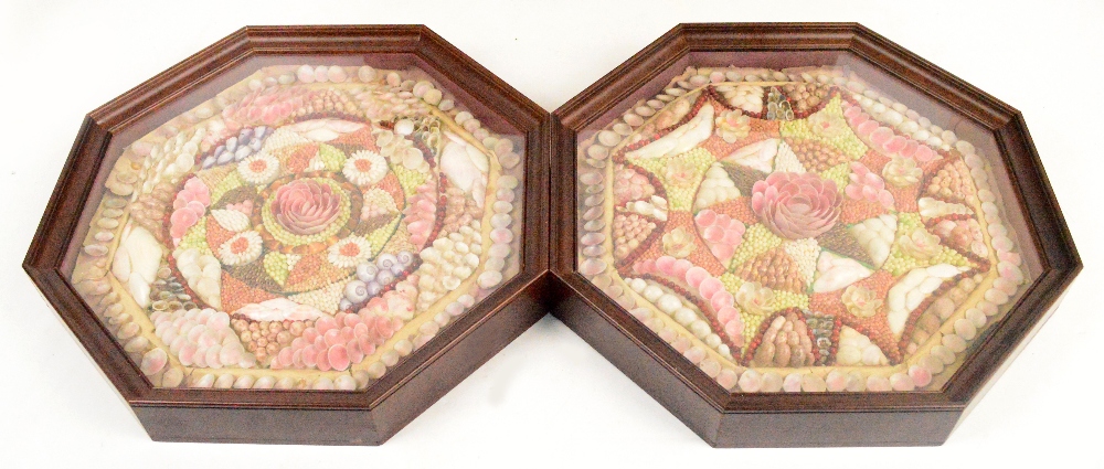 A large pair of Victorian sailors shell valentines, each mahogany octagonal frame enclosing a