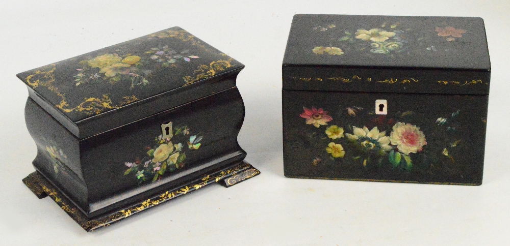 Two Victorian papier mâché tea caddies painted and gilded, both 18 x 12 x 12cm (2).   CONDITION