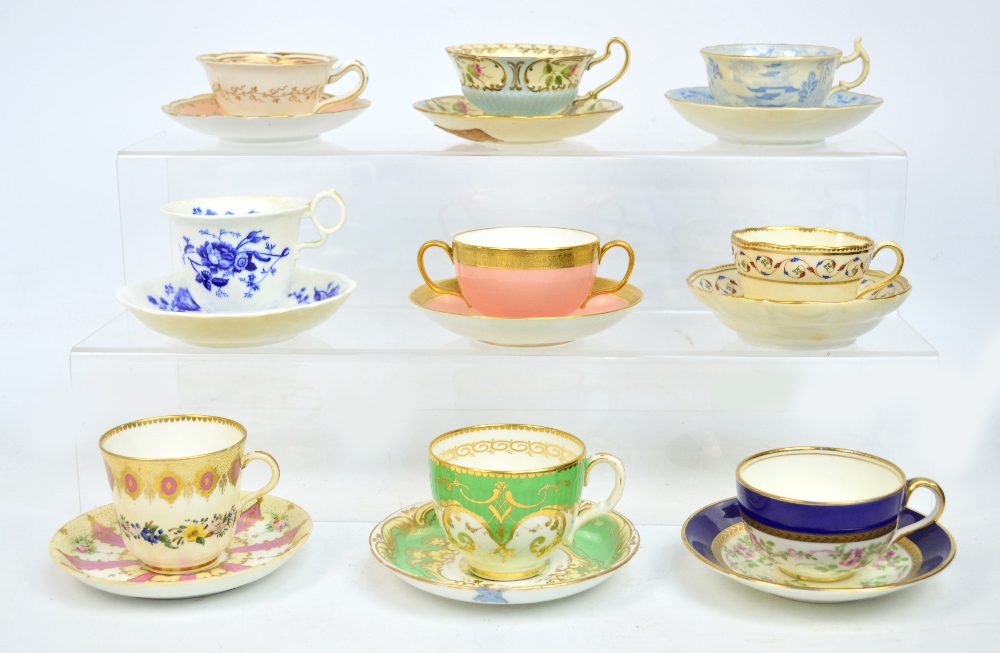 A collection of 19th and early 20th century cups and saucers including Minton, also three jugs and a