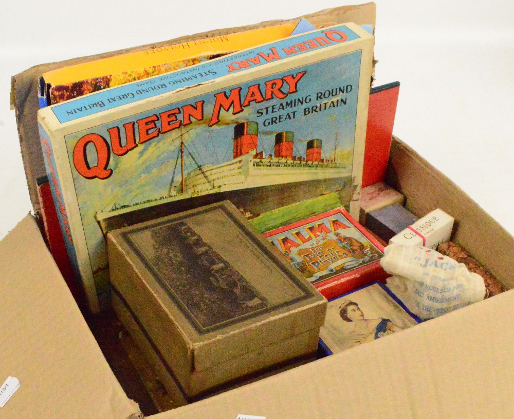A collection of vintage toys and games including Queen Mary Steaming Round Great Britain interesting