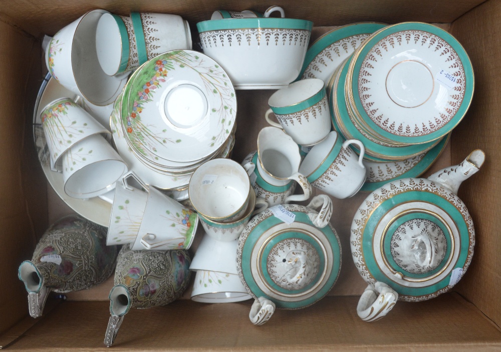 A mixed lot of ceramics including a quantity of tea ware with a green rim and gilt decoration on a